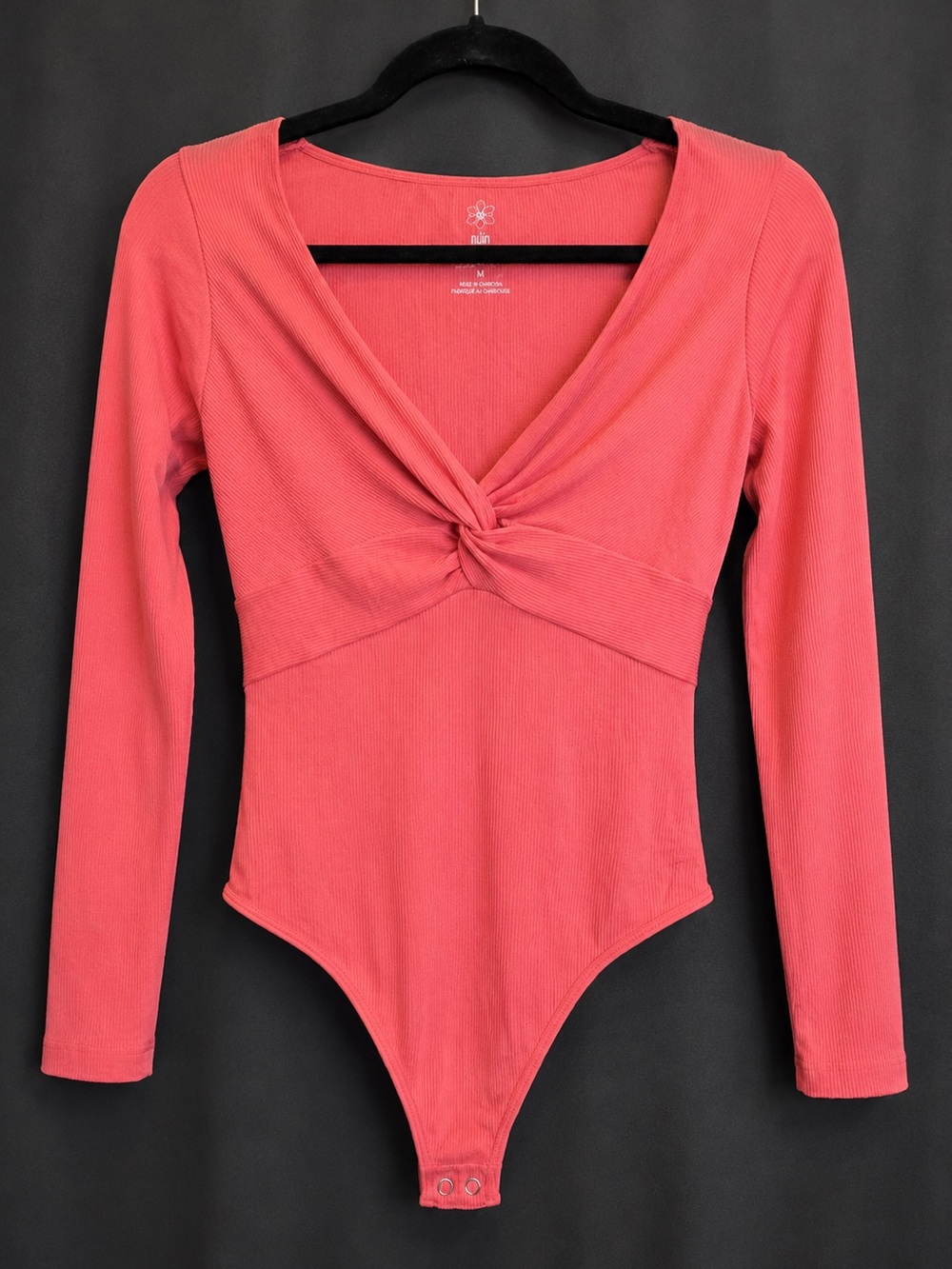 Coral Pink Ribbed Twist Front Long Sleeve Bodysuit - Hot Pink  XXL